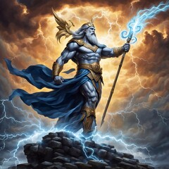 The image of the ancient Greek god Zeus, the king of the gods. Legends and myths of ancient Greece. Portrait of the god of thunder and lightning on Olympus.