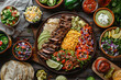 Selection of Mexican food on wood background, top view