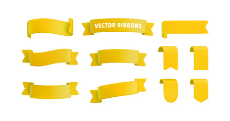 vector realistic 3d ribbons and tags set. cartoon 3d yellow ribbons collection on white background. 