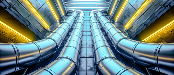 Array of industrial Pipes in and around Buildings Wallpaper Cover Background Brainstorming