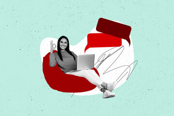Poster - Creative collage picture sitting young woman remote online communication laptop textbox bubbles speech message internet app conversation