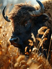 Wall Mural - A close up of a bull standing in tall grass. AI.