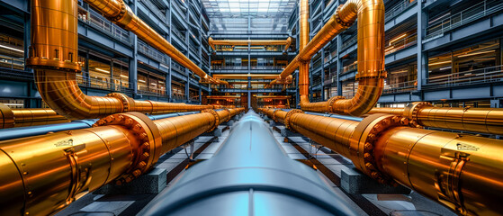 Array of industrial Pipes in and around Buildings Wallpaper Cover Background Brainstorming