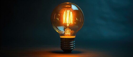 Poster - A light bulb with a yellow glow is shown on the dark surface. AI.