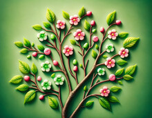 Stylized Representation Of A Tree With Intricate Details, Showcasing Vibrant Green Leaves, Pink Blossoms, And Budding Fruits Against A Green Background.