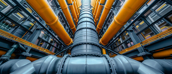 Array of industrial Pipes in and around Buildings Wallpaper Cover Background Brainstorming