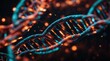 © sergio - A close-up of a DNA strand with blue and orange lights. AI.