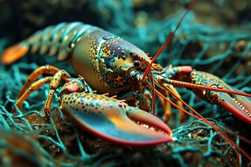 Canvas Print - A lobster is sitting on a piece of netting with its claws out. AI.