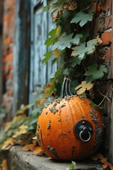 Canvas Print - A pumpkin sitting on a ledge with leaves and vines growing around it. AI.