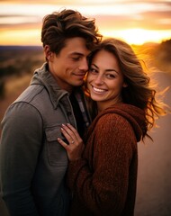 Wall Mural - A man and woman standing next to each other on a dirt road. AI.