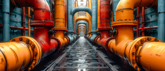 Array of industrial Pipes in and around Buildings Wallpaper Cover Background Brainstorming