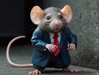 Wall Mural - Portrait of a gray rat in a business suit on the street