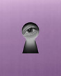 Calm female eye looking into keyhole on purple background. Contemporary art collage. Seeking clarity and understanding. Conceptual design. Concept of creativity, abstract art, imagination