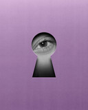 Fototapeta Sport - Calm female eye looking into keyhole on purple background. Contemporary art collage. Seeking clarity and understanding. Conceptual design. Concept of creativity, abstract art, imagination