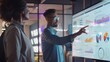 A sales manager analyzing sales data on a large touchscreen display, engaging with an analyst and a  strategist, all in a dynamic office setting with live sales dashboards illuminating the room. 