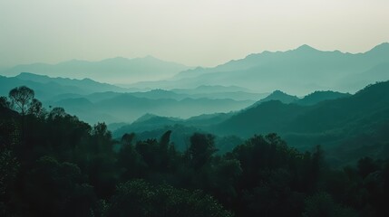 Sticker - Serene Dawn Mist Over Layered Mountain Range