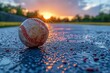 A mesmerizing scene where the sun sets beautifully, reflecting on a moistened baseball on an asphalt surface