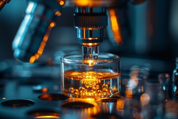 Poster - A close-up view of a microscope lens closely examining a glowing sample inside a petri dish, depicting a moment of scientific discovery