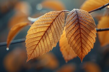 Poster - A pair of leaves are captured with frost edges, illuminated by a soft golden hue, signaling the start of winter