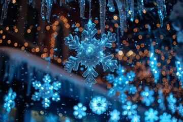 Poster - Magical close-up of an icy snowflake with a radiant blue bokeh effect that resembles a frozen winter night sky