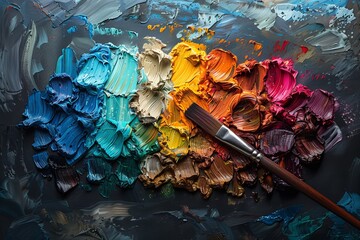 Poster - An array of brightly colored oil paints on a palette with a paintbrush, showcasing the creative process of art-making