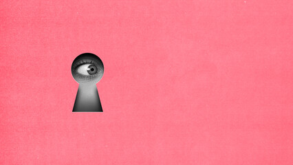 female eye looking into keyhole on pink background. contemporary art collage. finding secrets and hi
