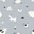 Scandi-style farm animals, seamless pattern. Cute doodle country background. Black and white countryside repeating print with chicken, cow, pig and goat. Kids flat graphic vector illustration