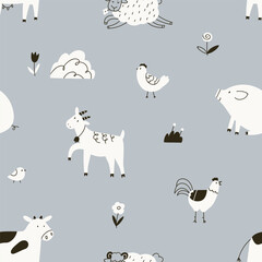 Poster - Scandi-style farm animals, seamless pattern. Cute doodle country background. Black and white countryside repeating print with chicken, cow, pig and goat. Kids flat graphic vector illustration