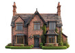 Traditional red brick English house with steep roof and a lot of windows on transparent Background.