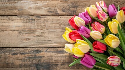 Canvas Print - Vibrant Tulips on Wooden Surface: Colorful Springtime Floral Display