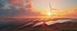 Modern wind turbines and solar cell panels in the sunset background
