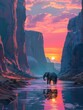 Gentle giant wandering through a valley of giants, peaceful and serene under the soft hues of a twin sunset