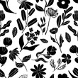 Hand drawn linocut floral illustration. Square seamless Pattern. Repeating design element for printing.