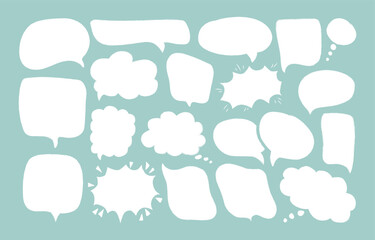 Poster - set white speech bubbles isolated on blue background. hand drawn different doodle talk balloons with