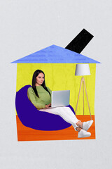 Aufkleber - Composite collage picture image of remote working from home female comfort house concept fantasy billboard comics zine minimal
