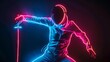 Fencer's lunge illuminated in neon, a duel of light and shadow on black