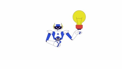 Poster - Robot assistant generating idea line 2D character animation. Lightbulb holding flat color cartoon 4K video, alpha channel. Tech innovation. Robotics humanoid animated personage on white background