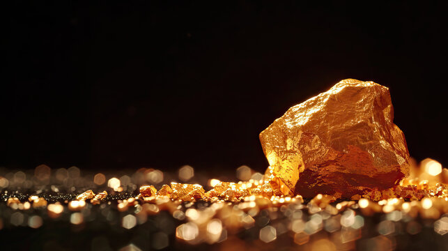 Macro photography, close-up shot, raw, uncut, unrefined gold nugget, isolated against modern black background. Bright, studio lighting, bokeh, golden, shining