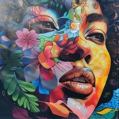 Black woman portrait with different color flowers diversity 