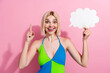 Photo of genius smart girl with bob hairdo dressed colorful tank hold mind cloud have great idea isolated on pink color background