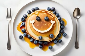 Poster - AI generated illustration of  a pancake adorned with blueberries and honey