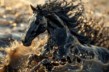 Sticker - black horse with flowing hair walking in water at dusk or sunrise