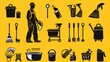 Cleaner Man Stick Figure Pictogram Icons with Cleaning Supplies and Equipment