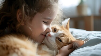 Wall Mural - AI generated illustration of a young girl snuggles with a ginger cat on her cozy bed