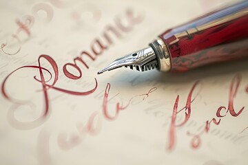Wall Mural - red ink writing on a piece of paper with a pen