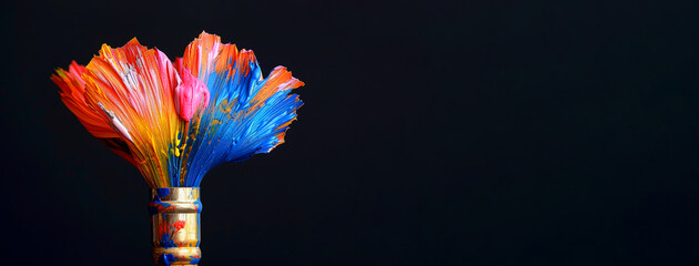 Poster - A paintbrush with blue and yellow paint splatters on it. The brush is in the center of the image and surrounded by the splatters. a colorful, creative. a paintbrush and flower hybrid with paint on it