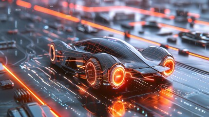 Wall Mural - Concept of futuristic automobile technology with 3D illustration and wireframe intersection