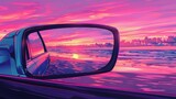 Fototapeta Przestrzenne - illustration of a rearview mirror with a beach, automobile, vaporwave, holiday, anime, and low-fi sunset
