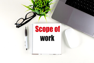 Poster - SCOPE OF WORK text on notebook with laptop, mouse and pen