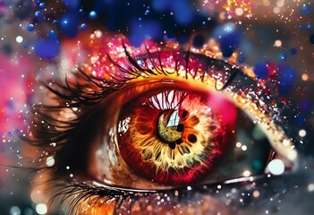 Wall Mural - an eye is illuminated by the bright lights and stars in the background